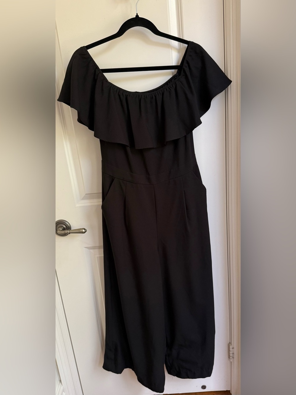 Black Women’s Pant romper with Ruffle Neckline